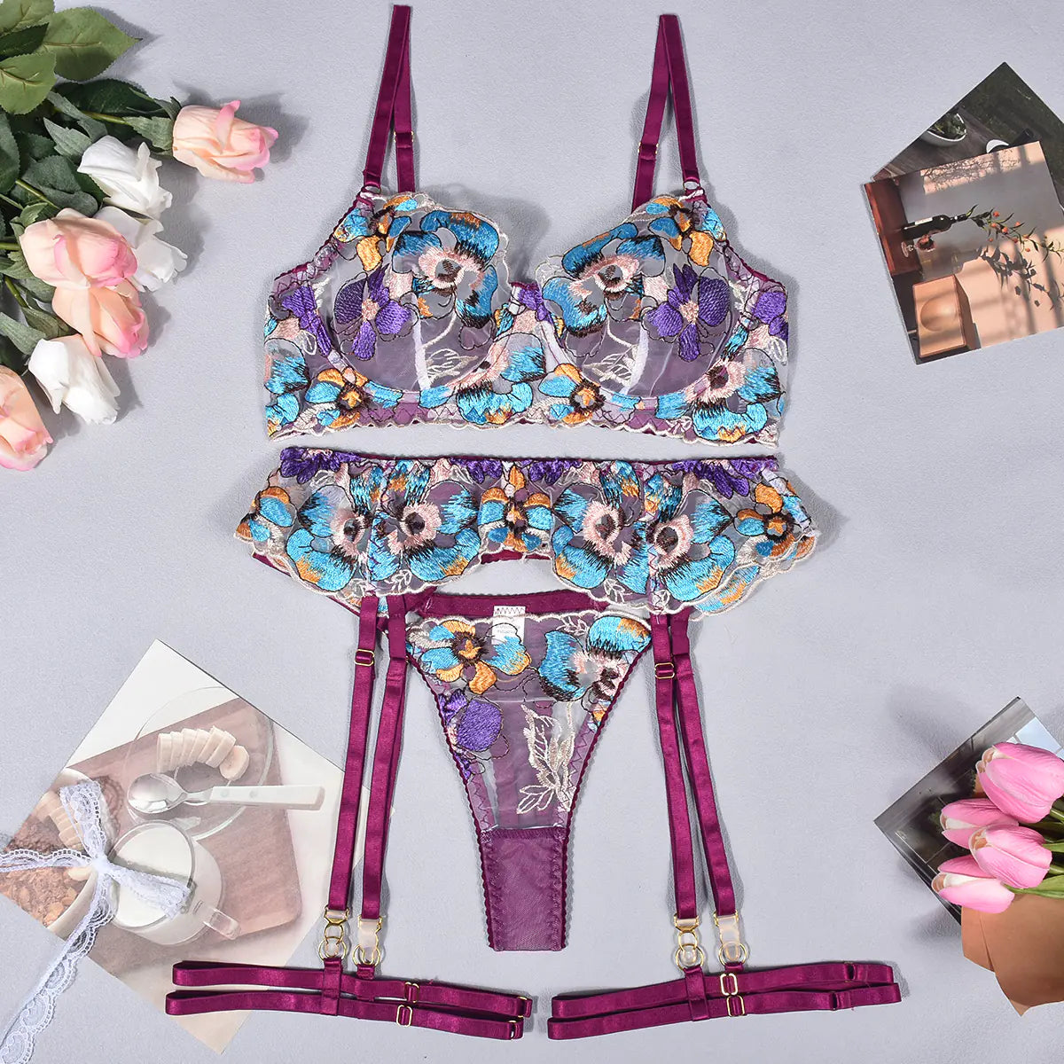 Floral Essence Lingerie Set with Garter