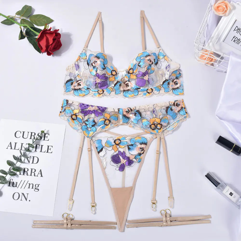 Floral Essence Lingerie Set with Garter